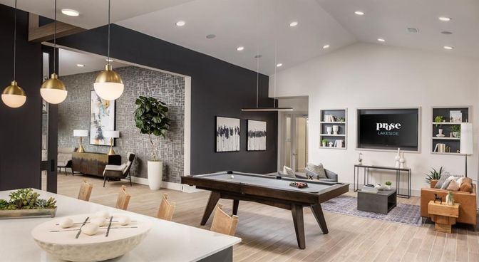 Billiard Table, Game Room, Interior, Pendant Lights, Recessed Lighting, Wood Texture Flooring