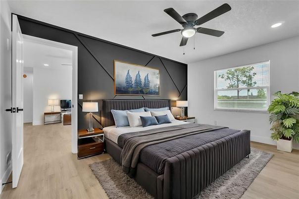Bedroom, Interior, Recessed Lighting, Wood Texture Flooring
