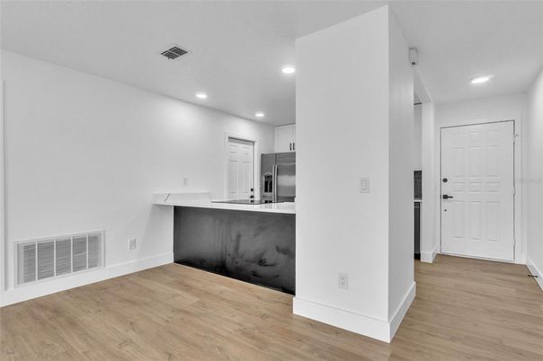 Interior, Kitchen, Recessed Lighting, Stainless Steel Appliances, Wood Texture Flooring