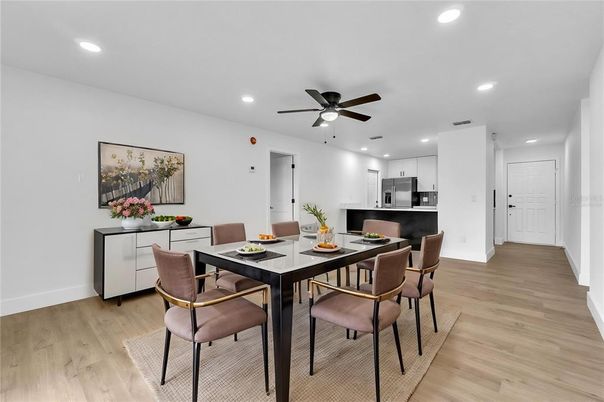 Dining room, Interior, Kitchen, Recessed Lighting, Stainless Steel Appliances, Wood Texture Flooring