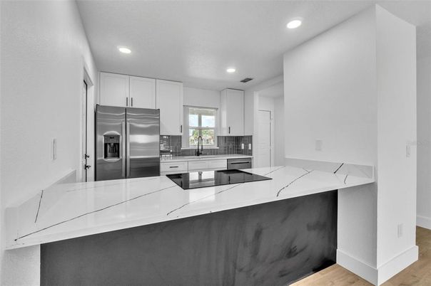 Interior, Kitchen, Recessed Lighting, Stainless Steel Appliances, Wood Texture Flooring
