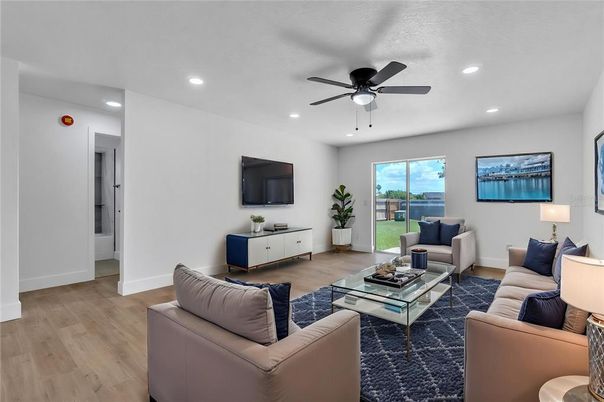 Interior, Living room, Recessed Lighting, Wood Texture Flooring