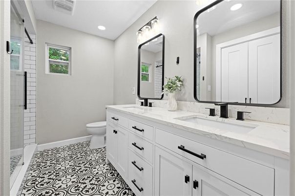 Bathroom, Dual Sink Vanities, Glass Shower, Interior, Recessed Lighting