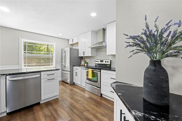 Interior, Kitchen, Recessed Lighting, Stainless Steel Appliances, Wood Texture Flooring
