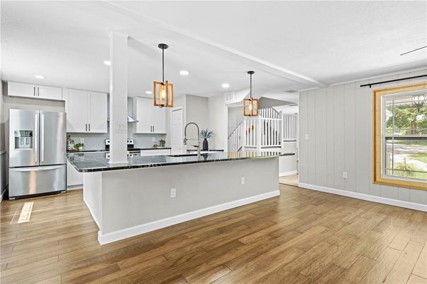 Interior, Kitchen, Pendant Lights, Recessed Lighting, Stainless Steel Appliances, Wood Texture Flooring