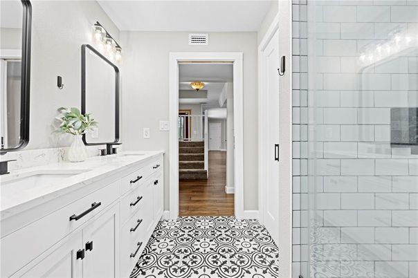 Bathroom, Dual Sink Vanities, Glass Shower, Interior, Wood Texture Flooring