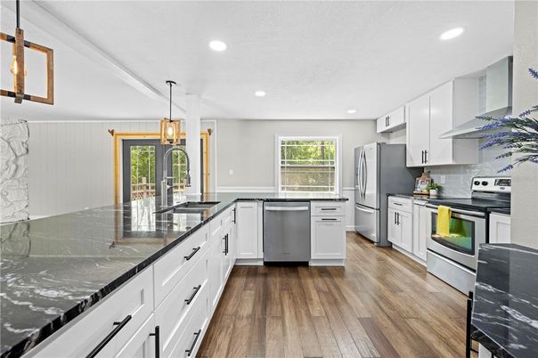 Interior, Kitchen, Pendant Lights, Recessed Lighting, Stainless Steel Appliances, Wood Texture Flooring