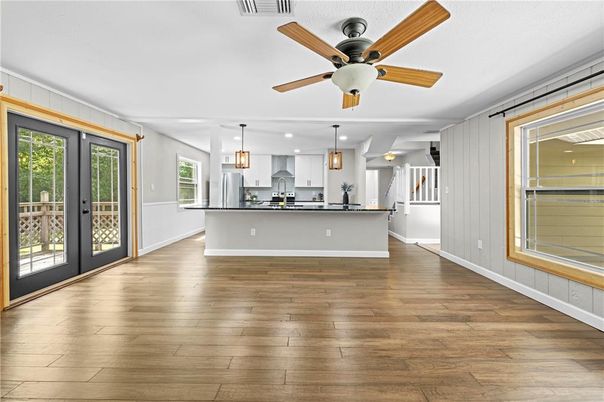 Interior, Kitchen, Pendant Lights, Recessed Lighting, Stainless Steel Appliances, Wood Texture Flooring