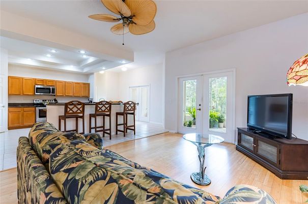Interior, Kitchen, Living room, Recessed Lighting, Stainless Steel Appliances, Wood Texture Flooring
