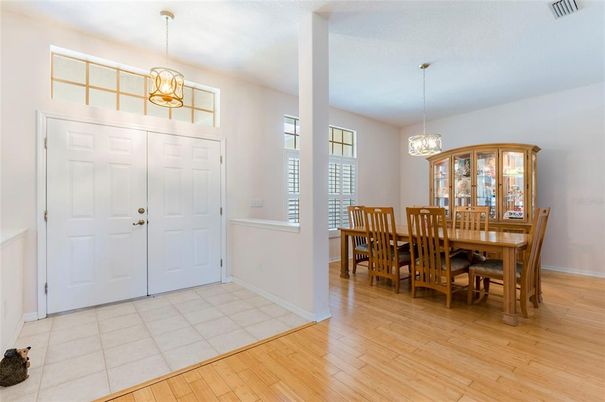 Dining room, Interior, Pendant Lights, Wood Texture Flooring