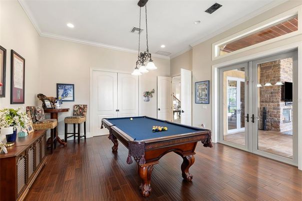 Billiard Table, Game Room, Interior, Pendant Lights, Recessed Lighting, Stone Walls, Wood Texture Flooring