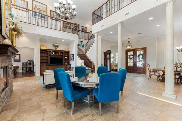 Chandelier, Dining room, Fireplace, Interior, Recessed Lighting