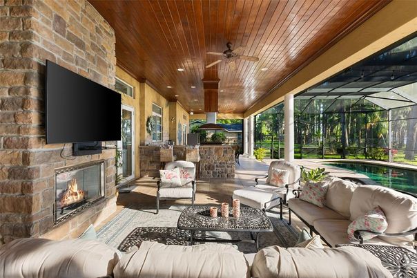 Fireplace, Interior, Living room, Recessed Lighting, Stone Walls, Wooden Ceilings