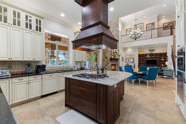 Chandelier, Dining room, Fireplace, Interior, Kitchen, Living room, Pendant Lights, Recessed Lighting