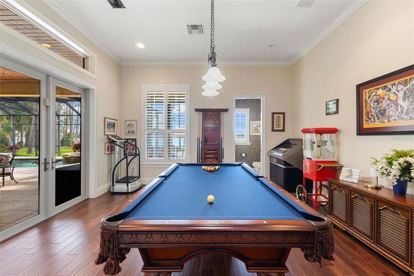 Billiard Table, Game Room, Interior, Pendant Lights, Recessed Lighting, Wood Texture Flooring