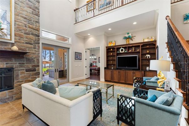 Fireplace, Interior, Living room, Recessed Lighting, Stone Walls