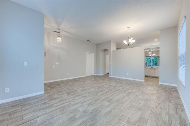 Chandelier, Empty room, Interior, Pendant Lights, Recessed Lighting, Wood Texture Flooring