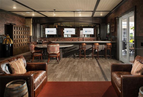 Dining room, Interior, Recessed Lighting, Stone Walls, Wood Texture Flooring