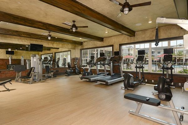 Fitness Equipment, Gym, Interior, Recessed Lighting, Wood Texture Flooring