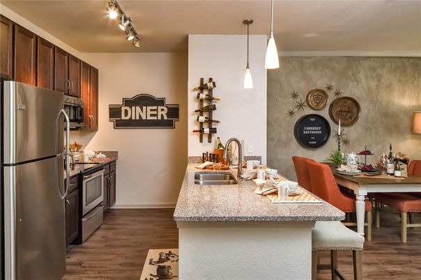 Dining room, Interior, Kitchen, Pendant Lights, Wood Texture Flooring