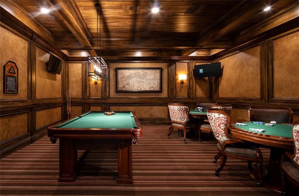 Billiard Table, Game Room, Interior, Pendant Lights, Recessed Lighting, Wooden Ceilings, Wooden Walls