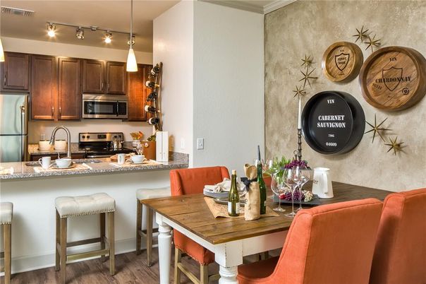 Dining room, Interior, Kitchen, Pendant Lights, Stainless Steel Appliances, Wood Texture Flooring