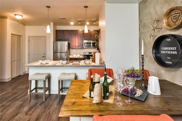 Interior, Kitchen, Pendant Lights, Stainless Steel Appliances, Wood Texture Flooring