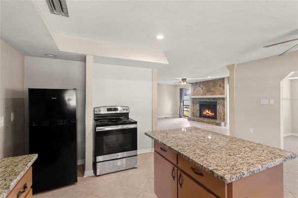 Fireplace, Interior, Kitchen, Recessed Lighting, Stainless Steel Appliances