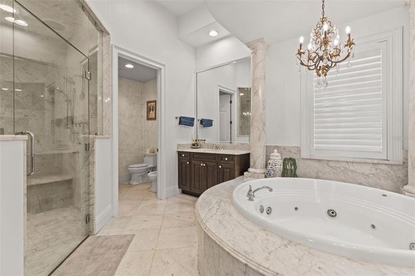 Bathroom, Chandelier, Glass Shower, Interior, Marble Walls, Recessed Lighting