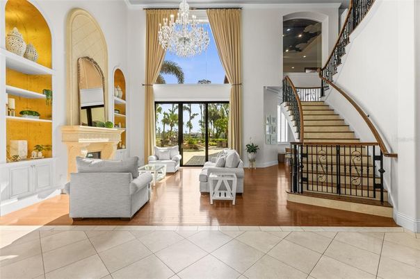 Chandelier, Fireplace, Interior, Living room, Recessed Lighting, Wood Texture Flooring