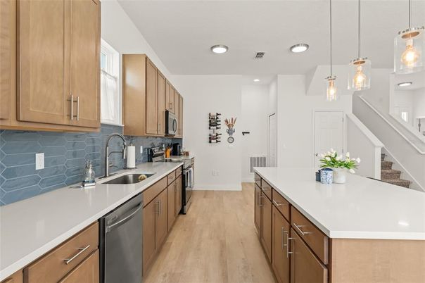 Interior, Kitchen, Pendant Lights, Recessed Lighting, Wood Texture Flooring