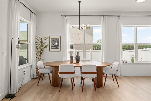 Dining room, Interior, Pendant Lights, Wood Texture Flooring