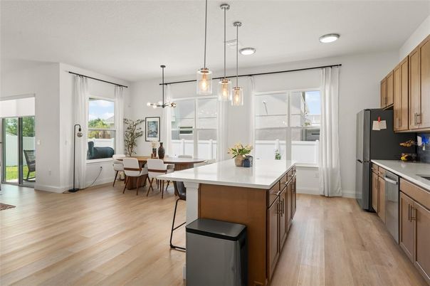 Dining room, Interior, Kitchen, Pendant Lights, Recessed Lighting, Wood Texture Flooring