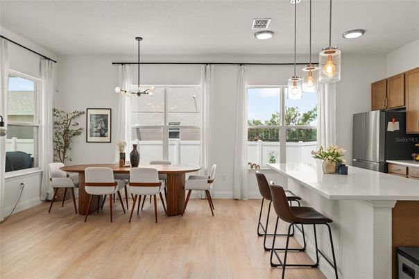 Dining room, Interior, Kitchen, Pendant Lights, Recessed Lighting, Wood Texture Flooring