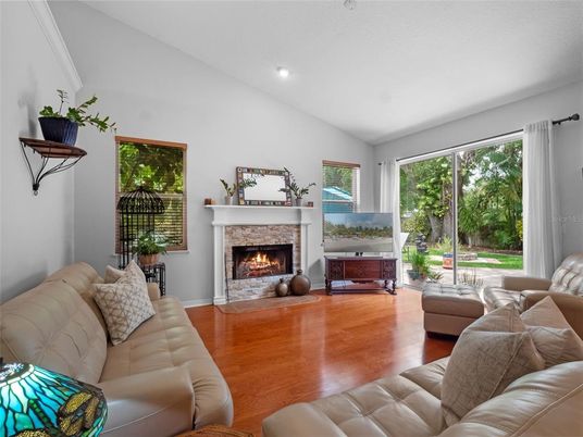 Fireplace, Interior, Living room, Recessed Lighting, Wood Texture Flooring