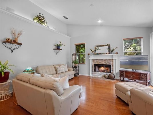 Fireplace, Interior, Living room, Recessed Lighting, Wood Texture Flooring