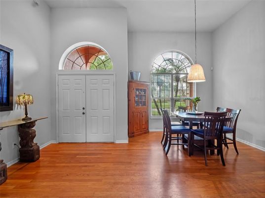 Dining room, Interior, Pendant Lights, Wood Texture Flooring