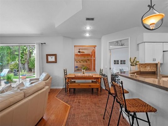 Dining room, Interior, Living room, Recessed Lighting, Wood Texture Flooring