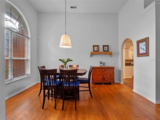 Dining room, Interior, Pendant Lights, Wood Texture Flooring