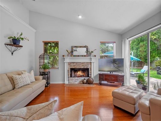 Fireplace, Interior, Living room, Recessed Lighting, Wood Texture Flooring