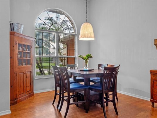 Dining room, Interior, Pendant Lights, Wood Texture Flooring