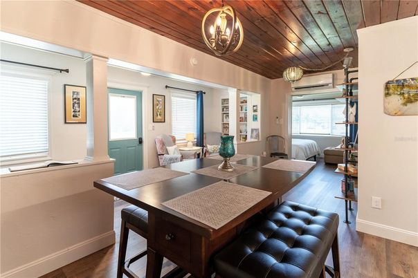 Chandelier, Dining room, Interior, Pendant Lights, Wooden Ceilings, Wood Texture Flooring