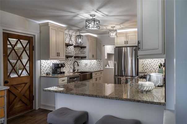 Interior, Kitchen, Pendant Lights, Stainless Steel Appliances, Wood Texture Flooring