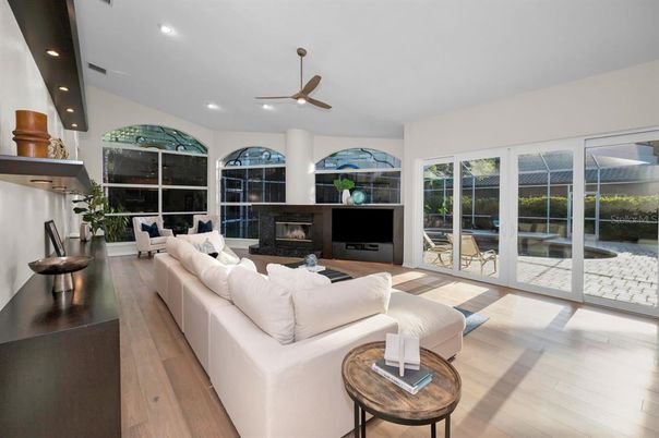 Fireplace, Interior, Living room, Recessed Lighting, Wood Texture Flooring
