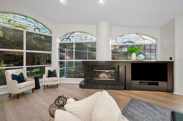 Fireplace, Interior, Living room, Recessed Lighting, Wood Texture Flooring