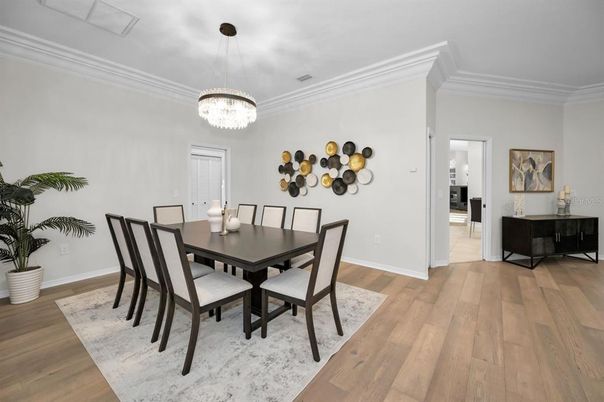 Chandelier, Dining room, Interior, Wood Texture Flooring