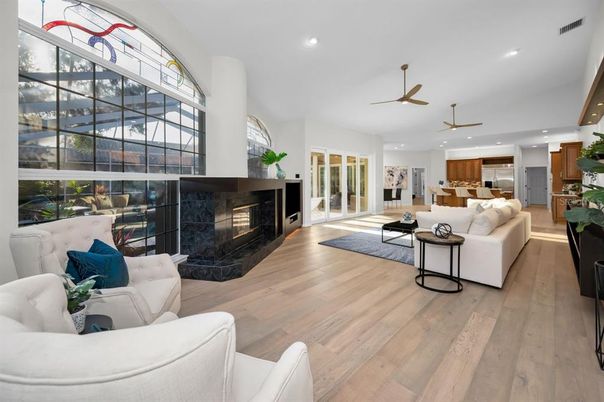 Fireplace, Interior, Kitchen, Living room, Recessed Lighting, Wood Texture Flooring