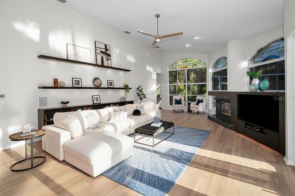 Fireplace, Interior, Living room, Recessed Lighting, Wood Texture Flooring