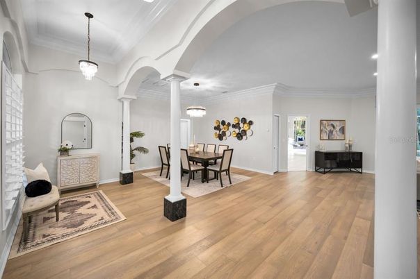 Dining room, Interior, Pendant Lights, Recessed Lighting, Wood Texture Flooring