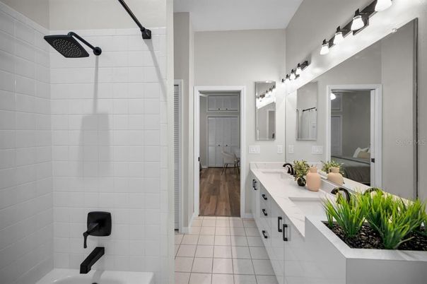 Bathroom, Dual Sink Vanities, Interior, Wood Texture Flooring